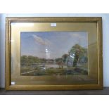 English School (19th Century), landscape with figures by a lake, watercolour, framed