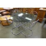 An Italian chrome and smoked glass octagonal dining table and four chairs