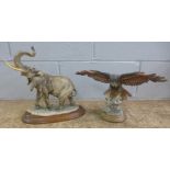 A Capodimonte model of a bird of prey (a/f, wing tips) and an Italian made model elephant