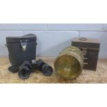 A pair of Prinzlux 7x50 binoculars and a Hateley's Patent brass pigeon clock