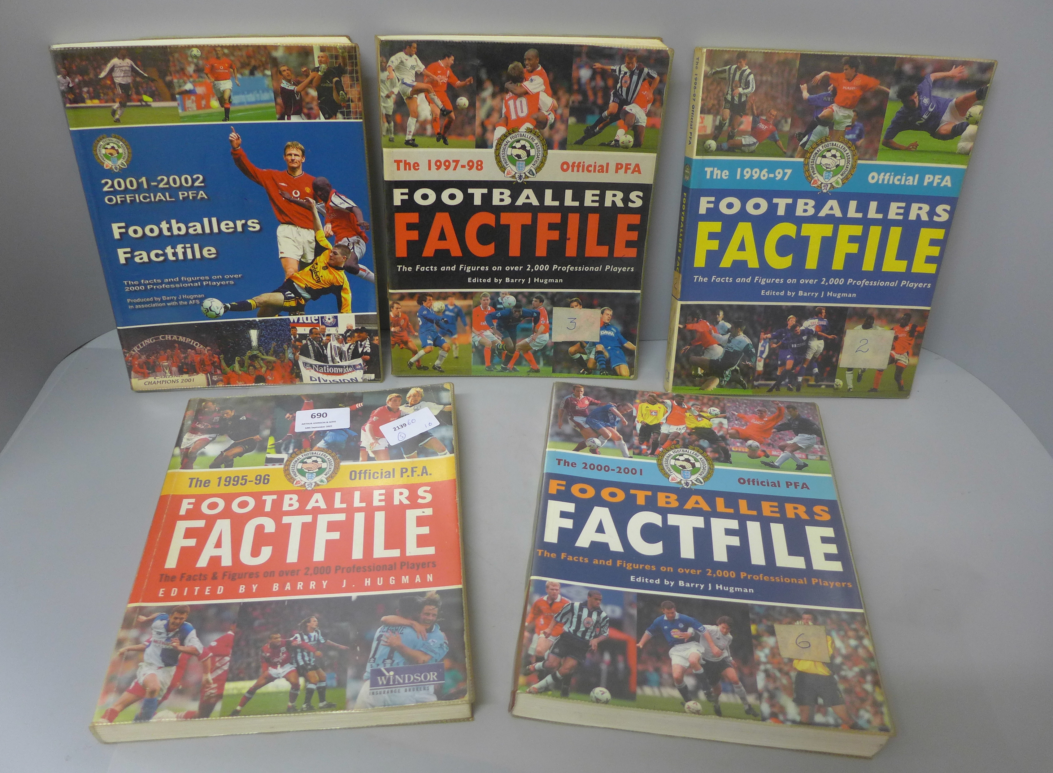 Football:- five PFA Footballers Fact-Files from 1995-2002, containing many signatures from former