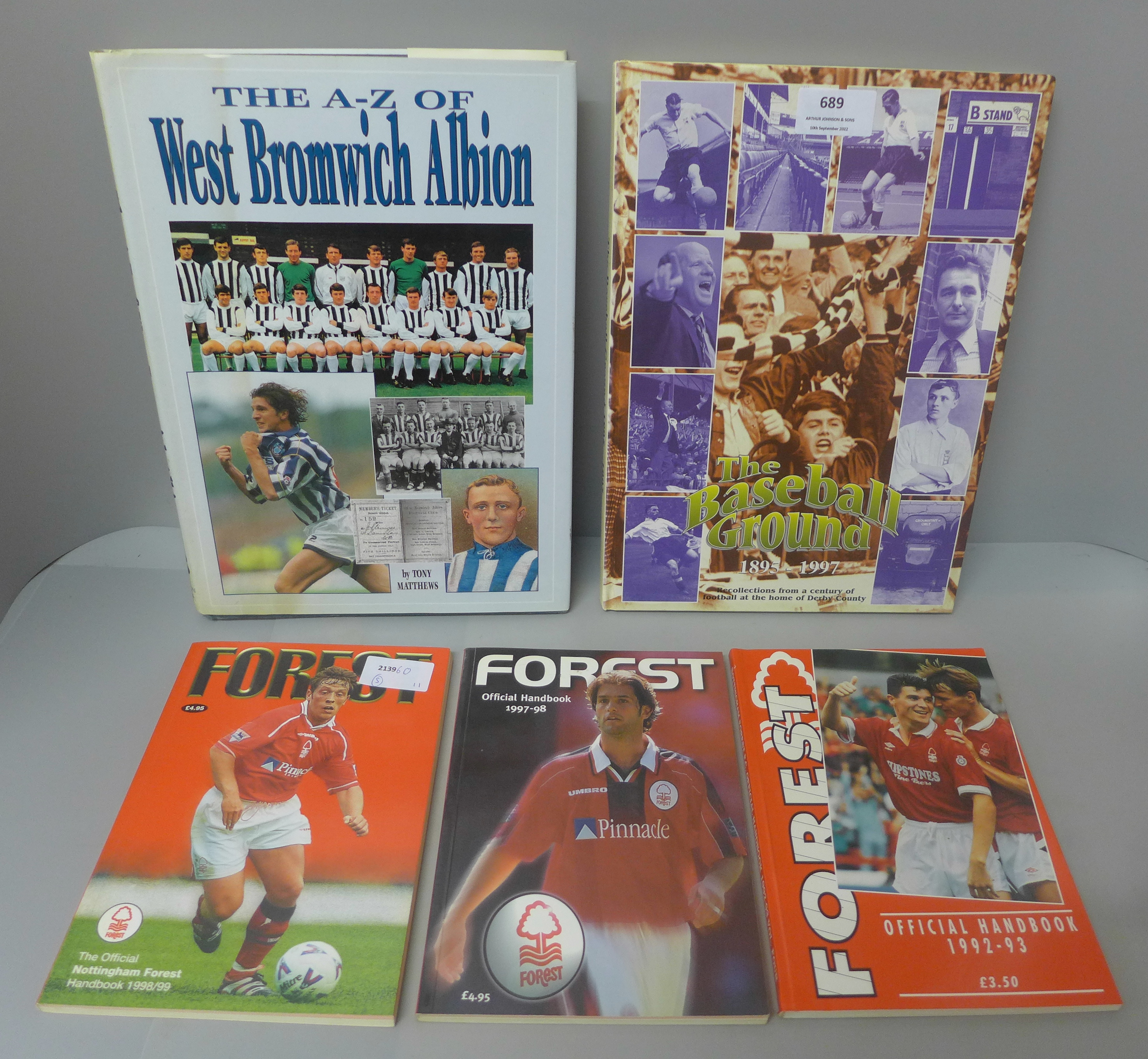 Football:- five books relating to Derby County, Nottingham Forest and West Bromwich Albion, some