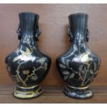 A pair of Japanese style glass vases decorated with birds and insects, a/f, some paint rubbed, 28cm