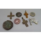 A Charles II 1630 half penny and medieval coins, tokens and crosses