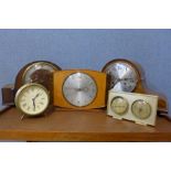 Two mantel clocks and three timepieces