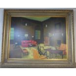 B. Wayne, large interior library scene, oil on board, framed