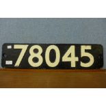 A painted cast iron number plate from a British Railways 78000 class 2-6-0 steam locomotive