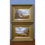 A pair of rural landscapes with sheep in fields, oil on board, framed