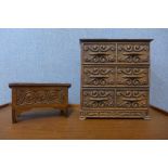 A miniature 17th Century style carved oak coffer and a carved wood jewellery box