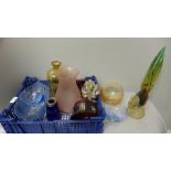 A box of mixed coloured glass, including Murano and a lustre **PLEASE NOTE THIS LOT IS NOT