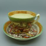 A circa 1900 cup and saucer decorated with transfer printed Chinese scene, marked Amoy, R-H