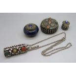 A scent bottle, an agate set box, one other circular box and a millefiori set pill box