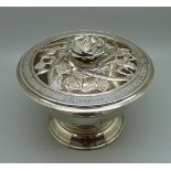 A silver rose bowl with pierced top decorated with roses, thistle, daffodils and shamrock, with