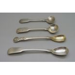 Four 19th Century silver mustard spoons, including two Exeter and one Edinburgh, 61g