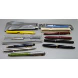 Four pens with 14ct gold nibs, two a/f, and other pens