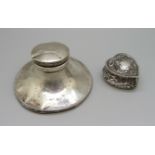 A Victorian silver heart shaped box, Birmingham 1894 and a silver capstan inkwell, a/f