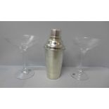 An Arthur Price silver plated cocktail shaker and a pair of large Dartington crystal Martini glasses