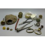 Watch parts, cabinet knobs, a bag of shot and a bullet mould