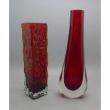 A Whitefriars ruby red glass vase and one other vase