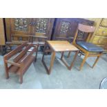 A teak magazine rack, a G-Plan Quadrille teak occasional table and a chair