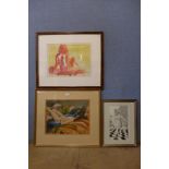 S. Wood, reclining female nude study, gouache, an abstract print, signed Mary Wood and Sam