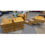 Two beech metamorphic sewing boxes
