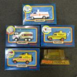 A collection of die-cast model vehicles; four Matchbox Superkings and a Dinky Toys 622 Bren Gun