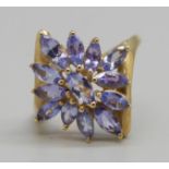 A 9ct gold, marquise tanzanite cluster cocktail ring, 3.1g, N