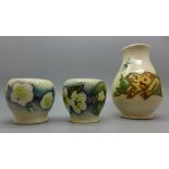 A Moorcroft ‘Froggies Fly’ vase, 10cm and a pair of small Moorcroft vases