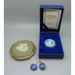 A Halcyon Days Enamels pot, a pair of Wedgwood cufflinks and a Stratton compact