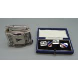 A pair of hallmarked silver RAF cufflinks and a Ronson table lighter