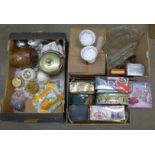 Two Naafi Tea tins other tins, brass biscuit barrel, wooden biscuit barrel and other china including