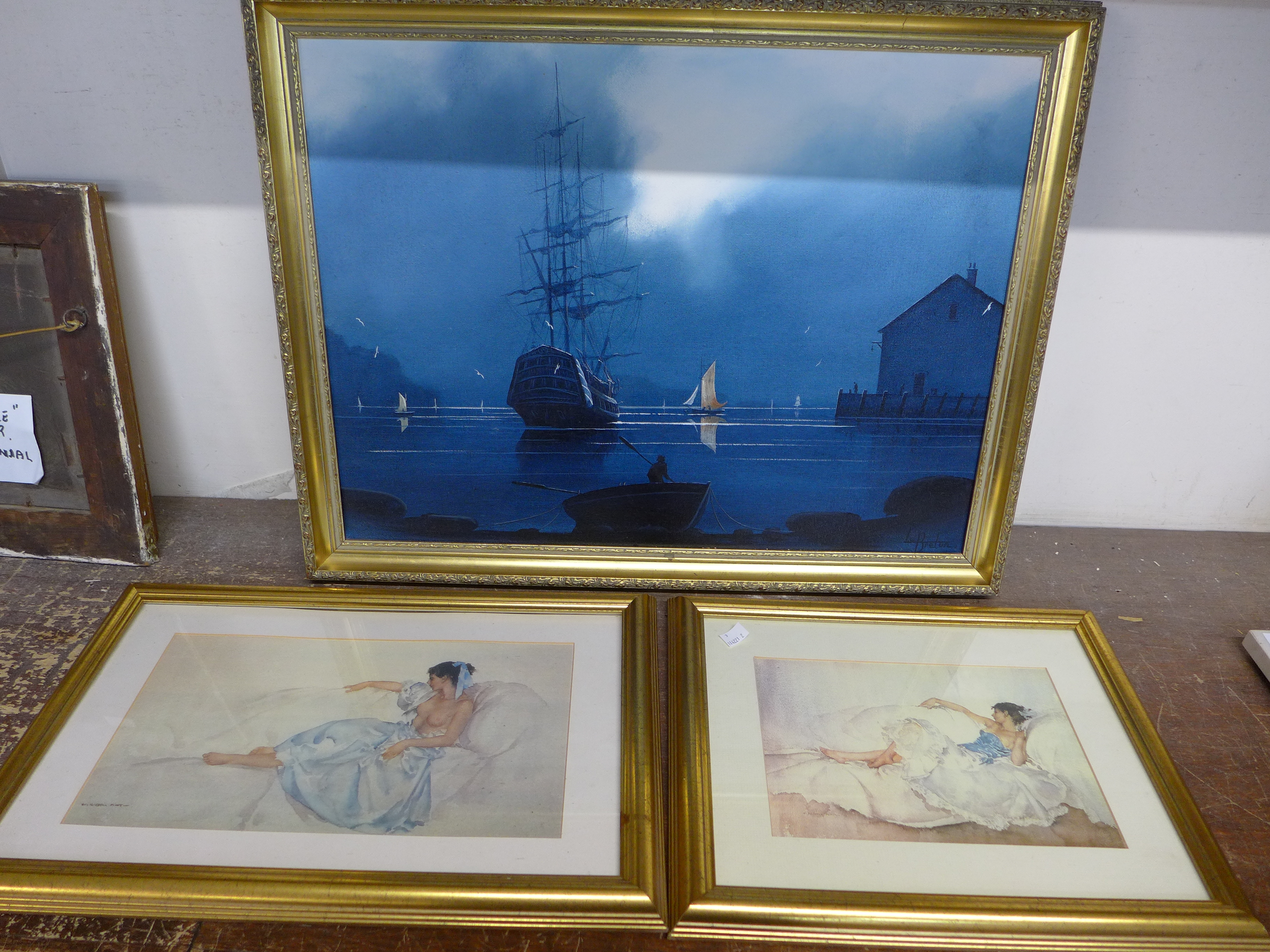 * Le Breton, marine scene , oil on canvas and two Russell Flilnt prints