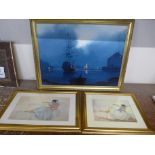 * Le Breton, marine scene , oil on canvas and two Russell Flilnt prints