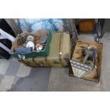 Two boxes of kitchenalia including brassware, table lamps, etc.