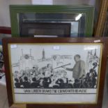 Original framed artwork, 'Van Linden Draws the Crowds with his Music' and four prints, framed