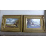 A pair of rural landscapes with sheep in fields, oil on board, framed