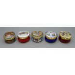 Five enamelled trinket pots, two Halcyon Days and three Crummles including one Harrods Christmas Box