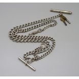 A silver double Albert watch chain, 60g, 63cm