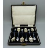 A cased set of six silver and enamel Arts & Crafts spoons, Birmingham 1948/9, 53g