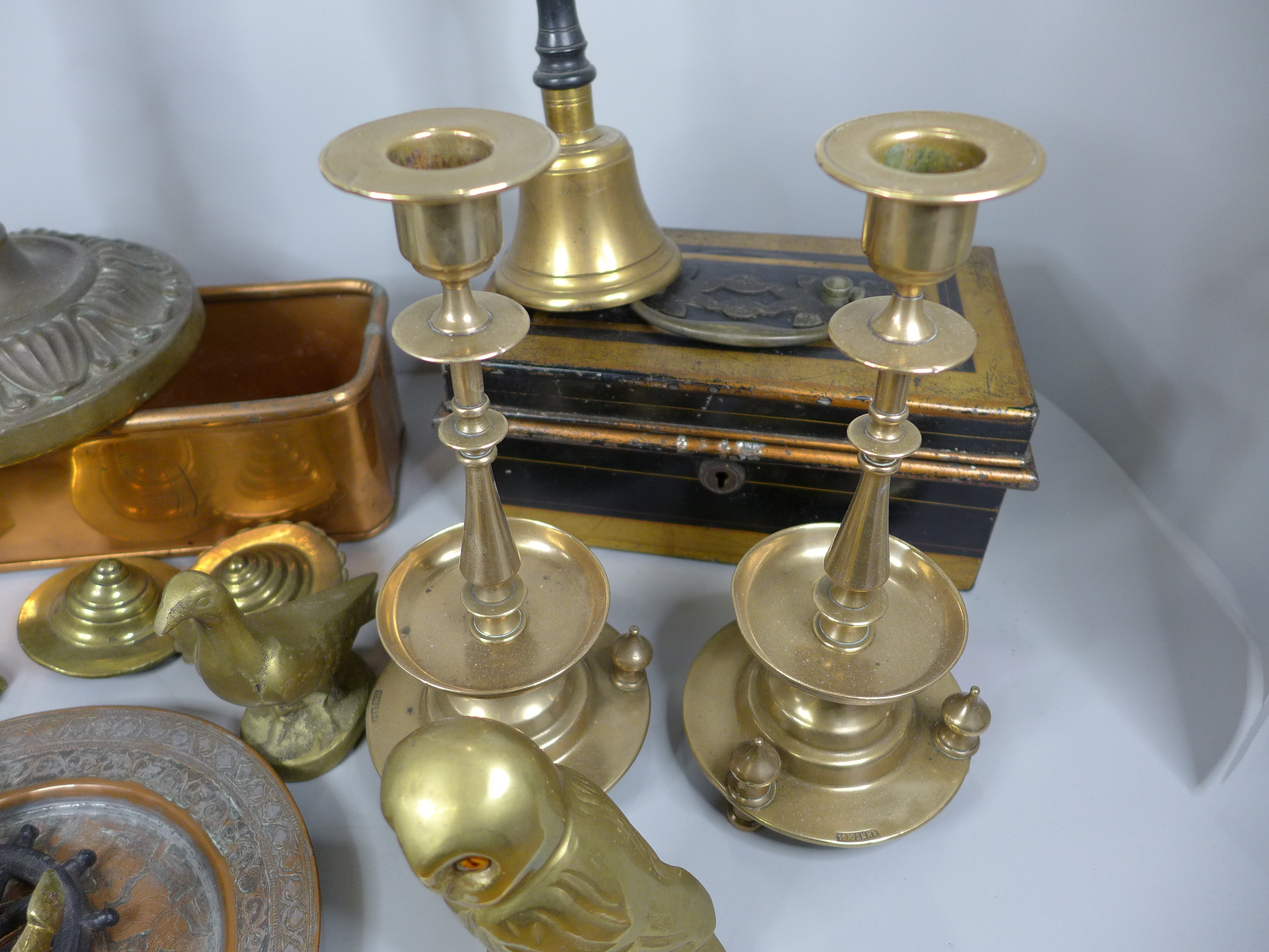 A collection of brass including candlesticks, ornaments, a bell, a copper dish, a door knocker and a - Image 2 of 3