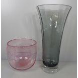 A Dartington grey flared glass vase and a pink art glass bowl - signed, limited edition 10/88