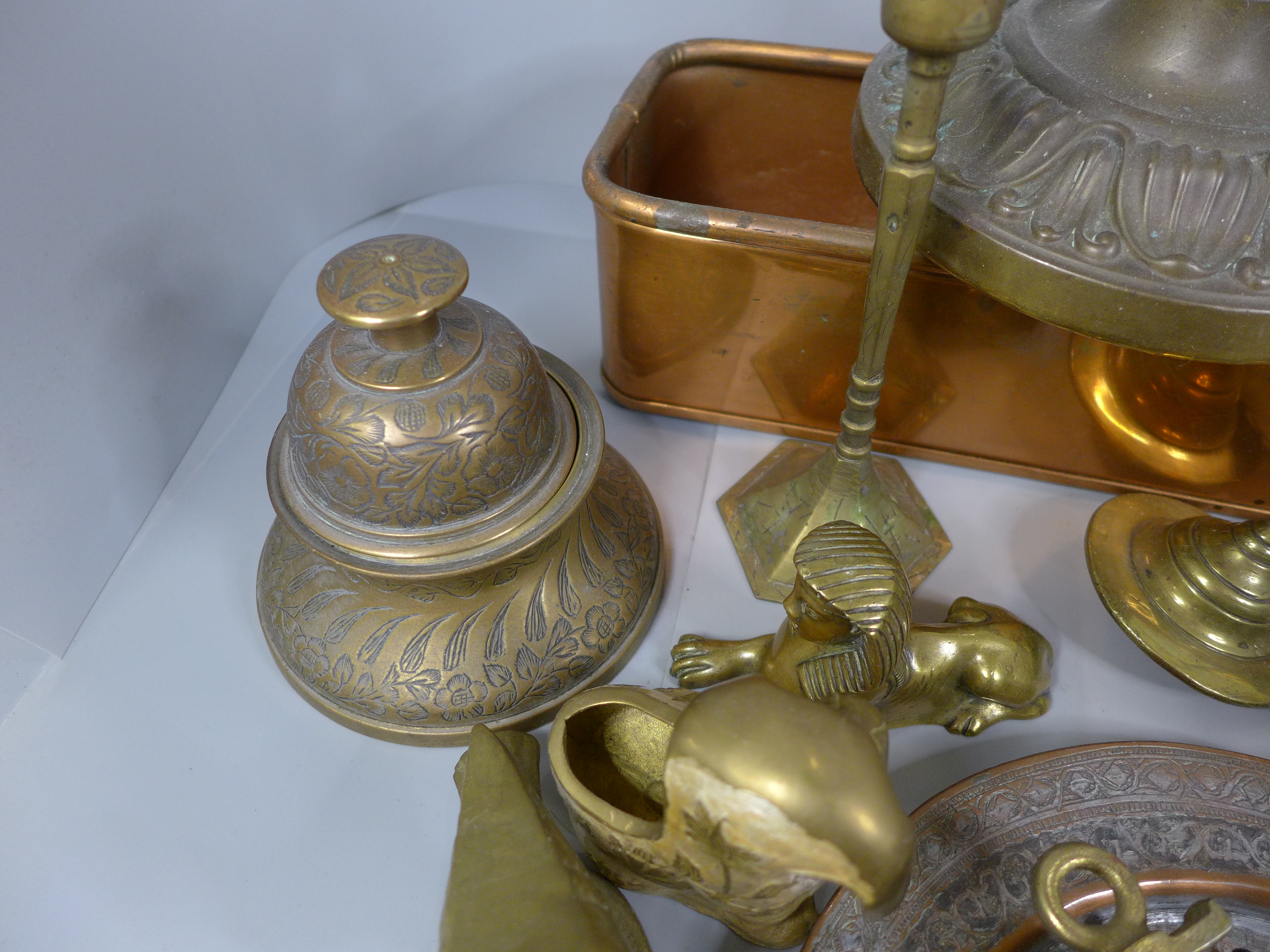 A collection of brass including candlesticks, ornaments, a bell, a copper dish, a door knocker and a - Image 3 of 3