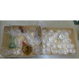 Two boxes of assorted glassware including preserve jars, cut glass vases, a celery vase, a retro