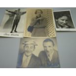 Autographed photographs including Flanagan and Allen and Stan Kentor, (4)