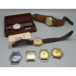 Seven wristwatches including Smiths De Luxe and Smiths Empire, (square Omer lacking crown)