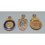 Three 9ct gold sports fob medals including one with enamelled Glasgow Coat of Arms, all with 1920'