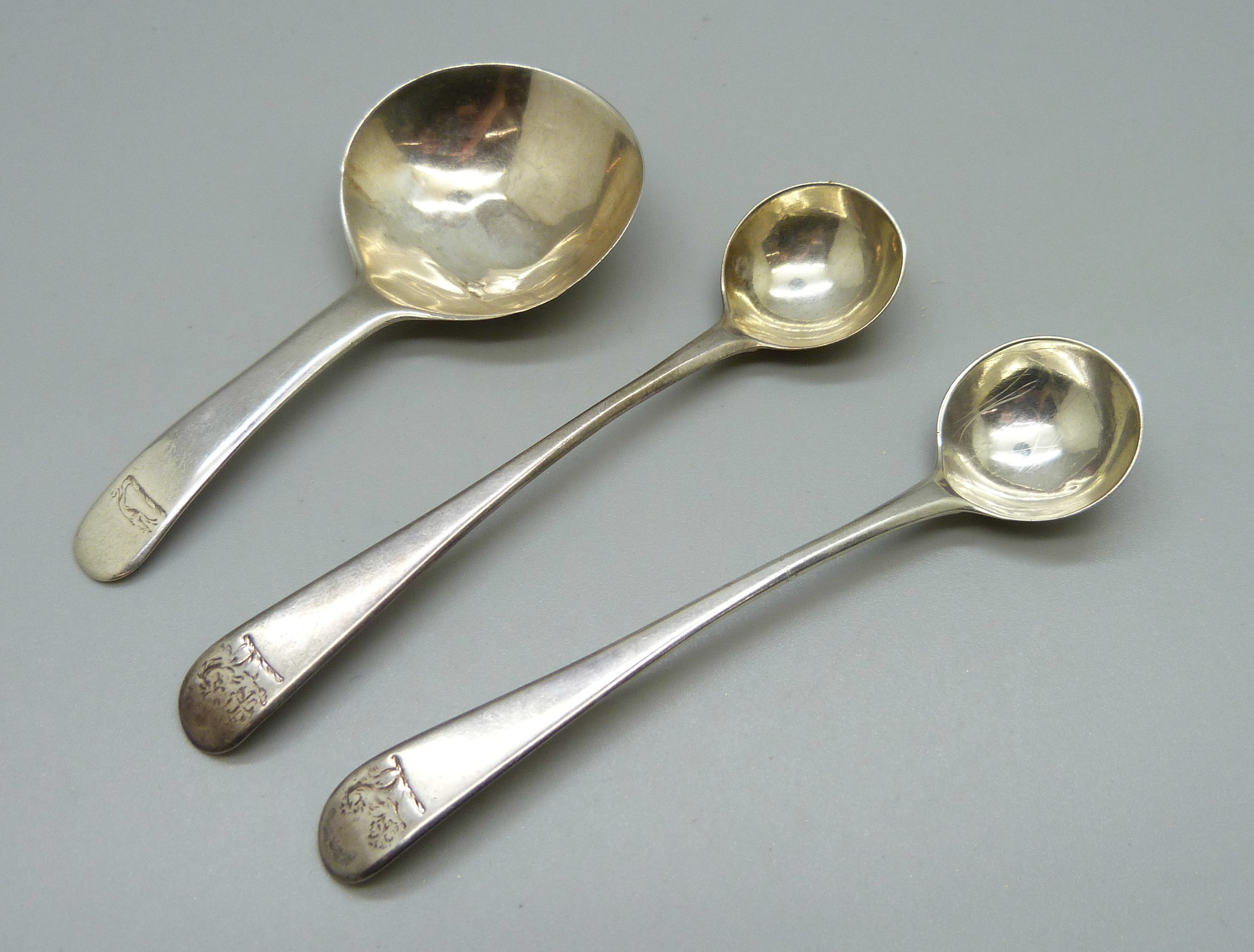 A pair of silver mustard spoons, London 1806, Peter & William Bateman, and a silver caddy spoon, 29g