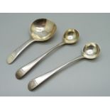 A pair of silver mustard spoons, London 1806, Peter & William Bateman, and a silver caddy spoon, 29g