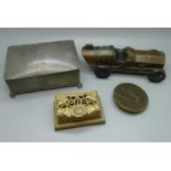 A 1970's American car money bank, Addison State Bank, Illinois, a hammered pewter box, a brass